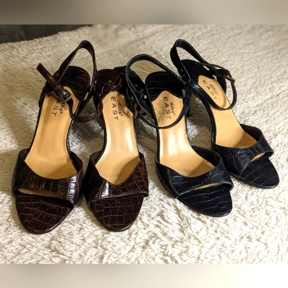 2 Pairs Women's Black and Brown Strappy Stiletto Sandals Summer Shoes Size 7